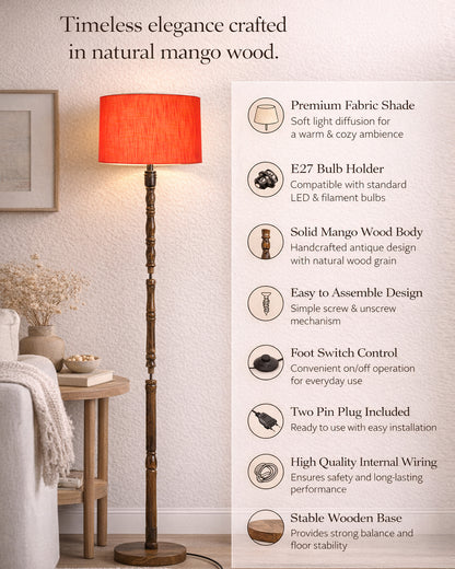 Homesake® Mid Century Solid Wood Antique Floor Lamp,Hand turned Floor Lamp Wood for Living Room,Stand Lamp with Fabric Lampshade for Bedroom, Study Room and Office