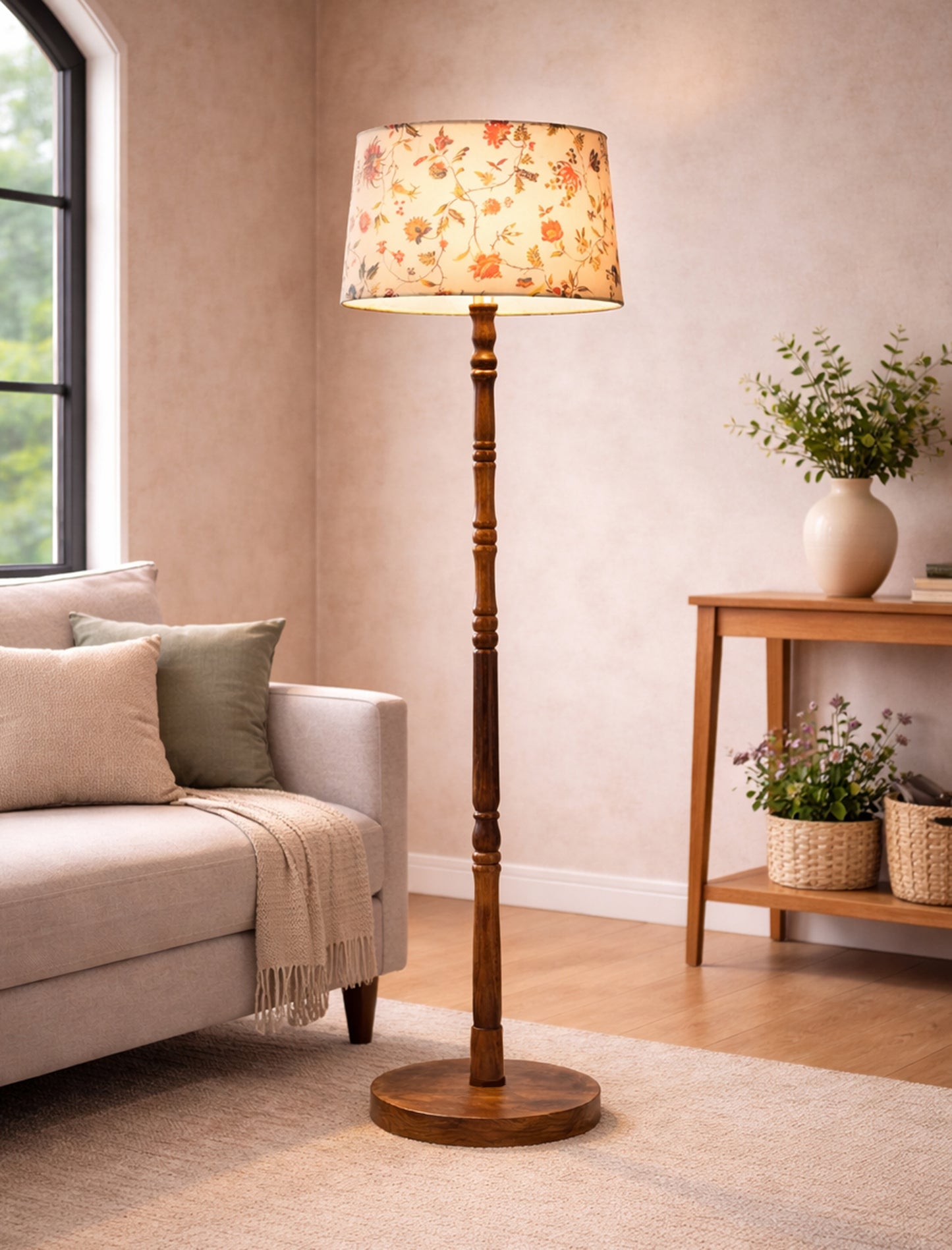 Homesake® Mid Century Solid Wood Antique Floor Lamp,Hand turned Floor Lamp Wood for Living Room,Stand Lamp with Fabric Lampshade for Bedroom, Study Room and Office
