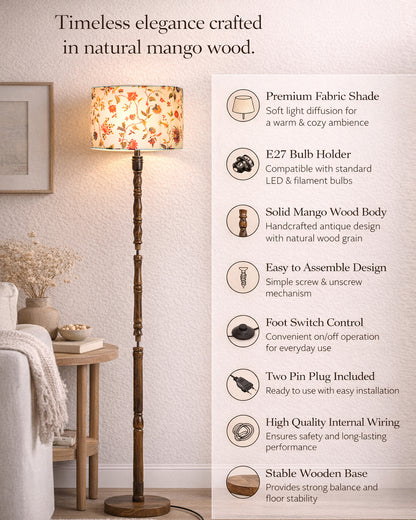 Homesake® Mid Century Solid Wood Antique Floor Lamp,Hand turned Floor Lamp Wood for Living Room,Stand Lamp with Fabric Lampshade for Bedroom, Study Room and Office