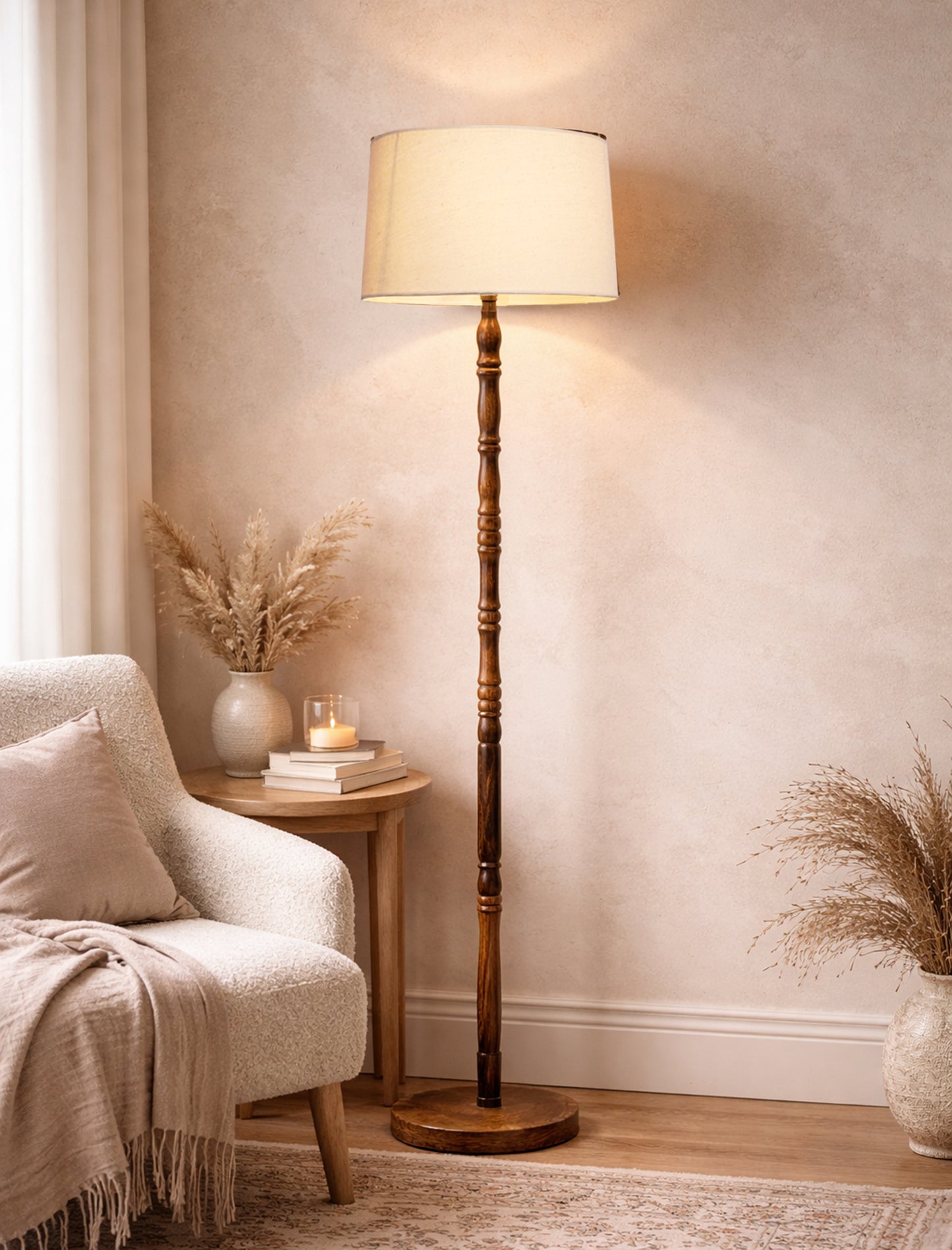 Homesake® Mid Century Solid Wood Antique Floor Lamp,Hand turned Floor Lamp Wood for Living Room,Stand Lamp with Fabric Lampshade for Bedroom, Study Room and Office