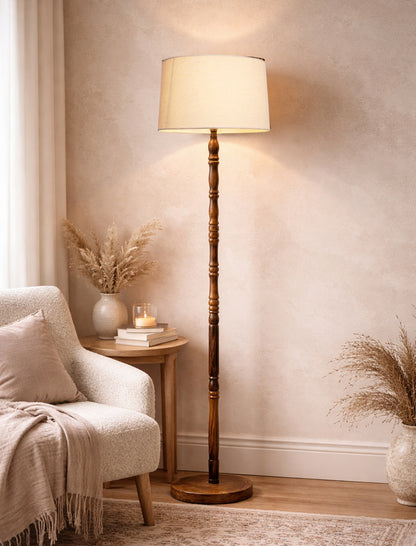 Homesake® Mid Century Solid Wood Antique Floor Lamp,Hand turned Floor Lamp Wood for Living Room,Stand Lamp with Fabric Lampshade for Bedroom, Study Room and Office