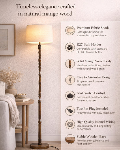 Homesake® Mid Century Solid Wood Antique Floor Lamp,Hand turned Floor Lamp Wood for Living Room,Stand Lamp with Fabric Lampshade for Bedroom, Study Room and Office
