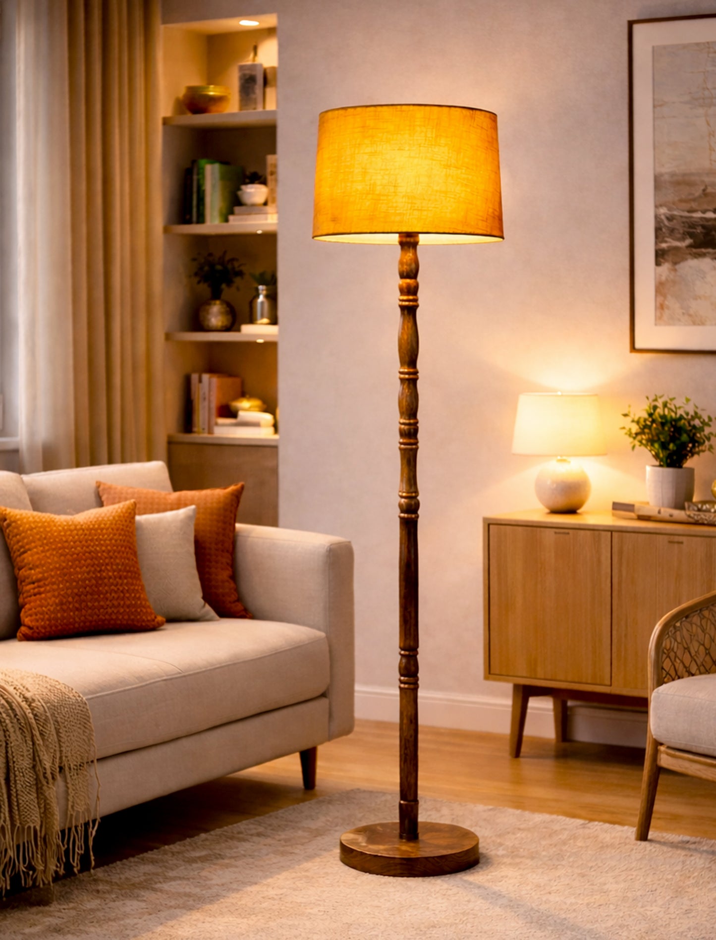 Homesake® Mid Century Solid Wood Antique Floor Lamp,Hand turned Floor Lamp Wood for Living Room,Stand Lamp with Fabric Lampshade for Bedroom, Study Room and Office