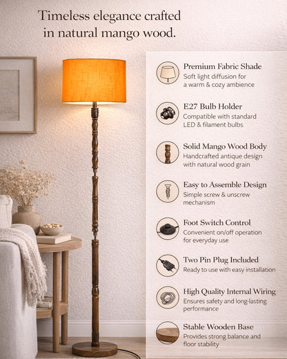 Homesake® Mid Century Solid Wood Antique Floor Lamp,Hand turned Floor Lamp Wood for Living Room,Stand Lamp with Fabric Lampshade for Bedroom, Study Room and Office