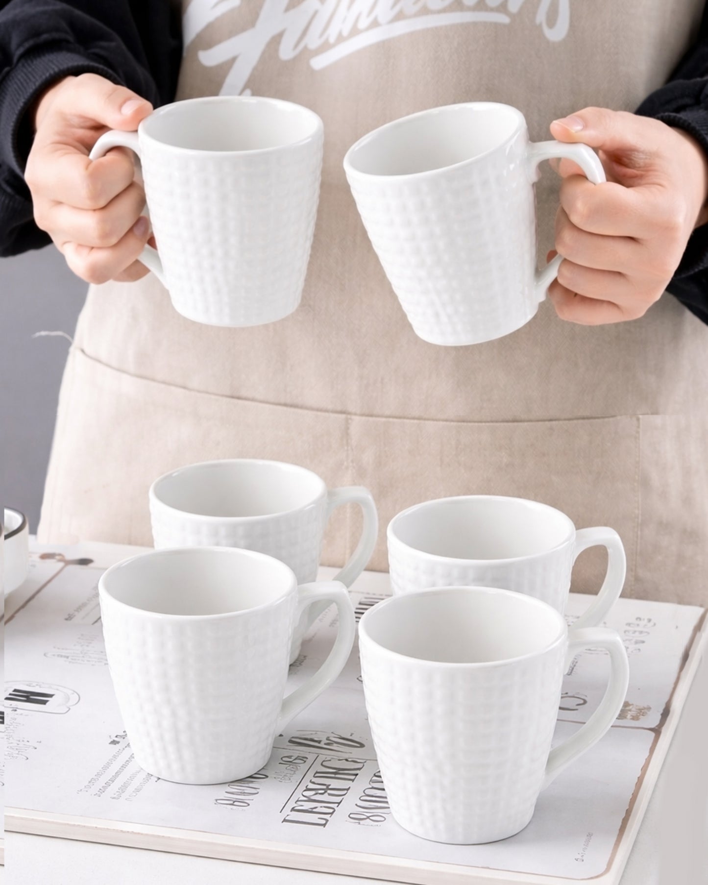 Homesake® Coffee Mugs 355ml Ceramic Mug Set with Embossment, Stackable Mugs for Coffee/Tea/Latte/Cappuccino, Microwave & Dishwasher Safe, Gift for Men & Women, (White)