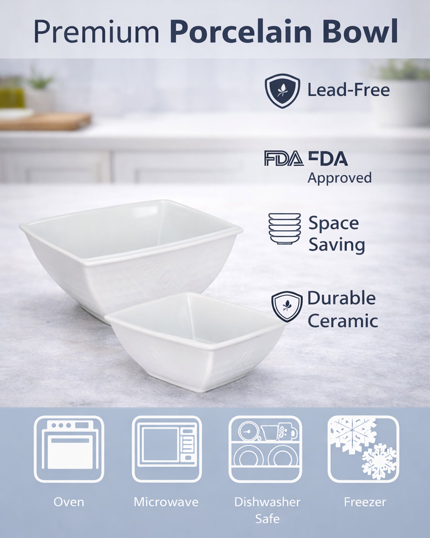 Homesake® White Porcelain Small Bowls, Square Bowls for Ice Cream Yogurt Dessert Fruits Snacks Bowl Set for Food Prep Rice Small Sid, (White)