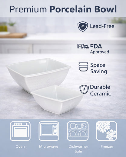 Homesake® White Porcelain Small Bowls, Square Bowls for Ice Cream Yogurt Dessert Fruits Snacks Bowl Set for Food Prep Rice Small Sid, (White)