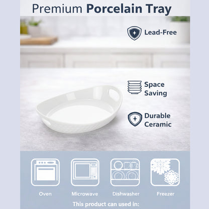 Homesake® White Porcelain Oval Tray with handle, Serving Platter for Serving Food, Serving Trays for Party, Sizzler, Sushi, Appetizer, Oven Safe Dinnerware