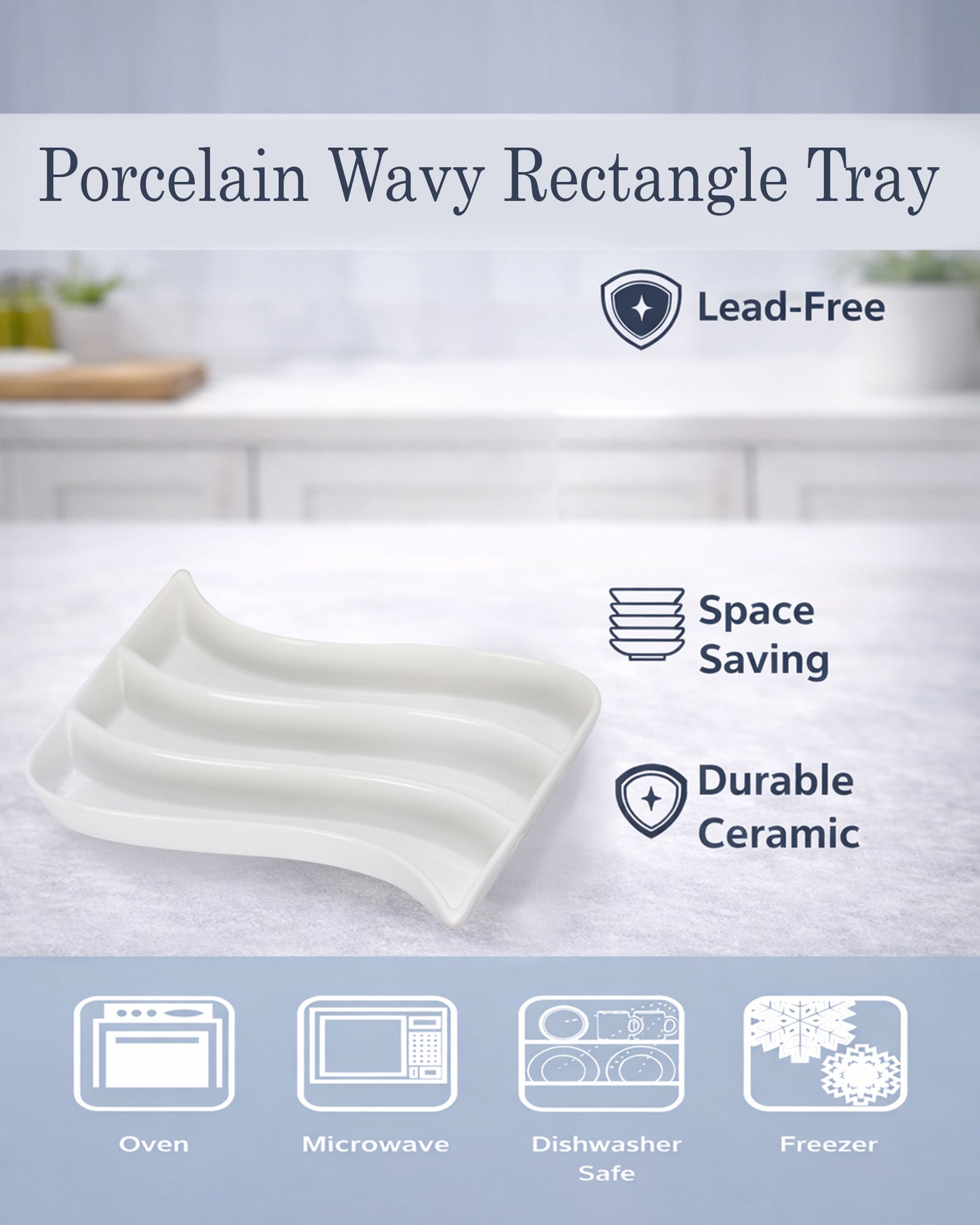 Homesake® White Porcelain Wavy Rectangle Tray with partition, Serving Platter for Serving Food, Serving Trays for Party, Entertaining, Sushi, Appetizer, Oven Safe Dinnerware