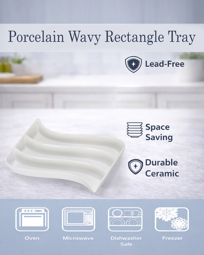 Homesake® White Porcelain Wavy Rectangle Tray with partition, Serving Platter for Serving Food, Serving Trays for Party, Entertaining, Sushi, Appetizer, Oven Safe Dinnerware