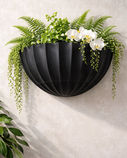 Homesake® Black Self Watering Wall Planter Ribbed Half Moon, Rustproof PP, Dual Chamber Design