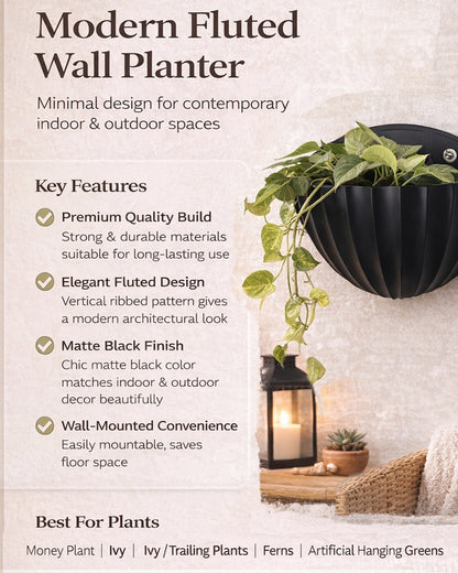 Homesake® Black Self Watering Wall Planter Ribbed Half Moon, Rustproof PP, Dual Chamber Design