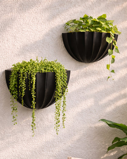 Homesake® Black Self Watering Wall Planter Ribbed Half Moon, Rustproof PP, Dual Chamber Design