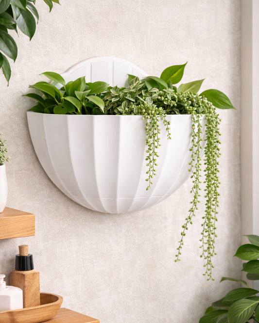 Homesake® White Self Watering Wall Planter Ribbed Half Moon, Rustproof PP, Dual Chamber Design