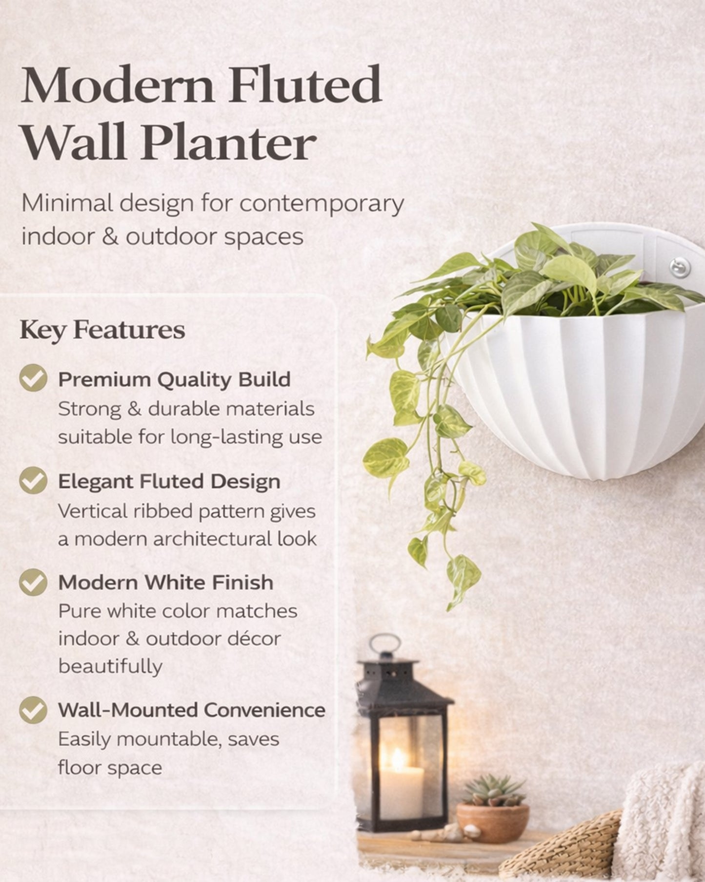 Homesake® White Self Watering Wall Planter Ribbed Half Moon, Rustproof PP, Dual Chamber Design