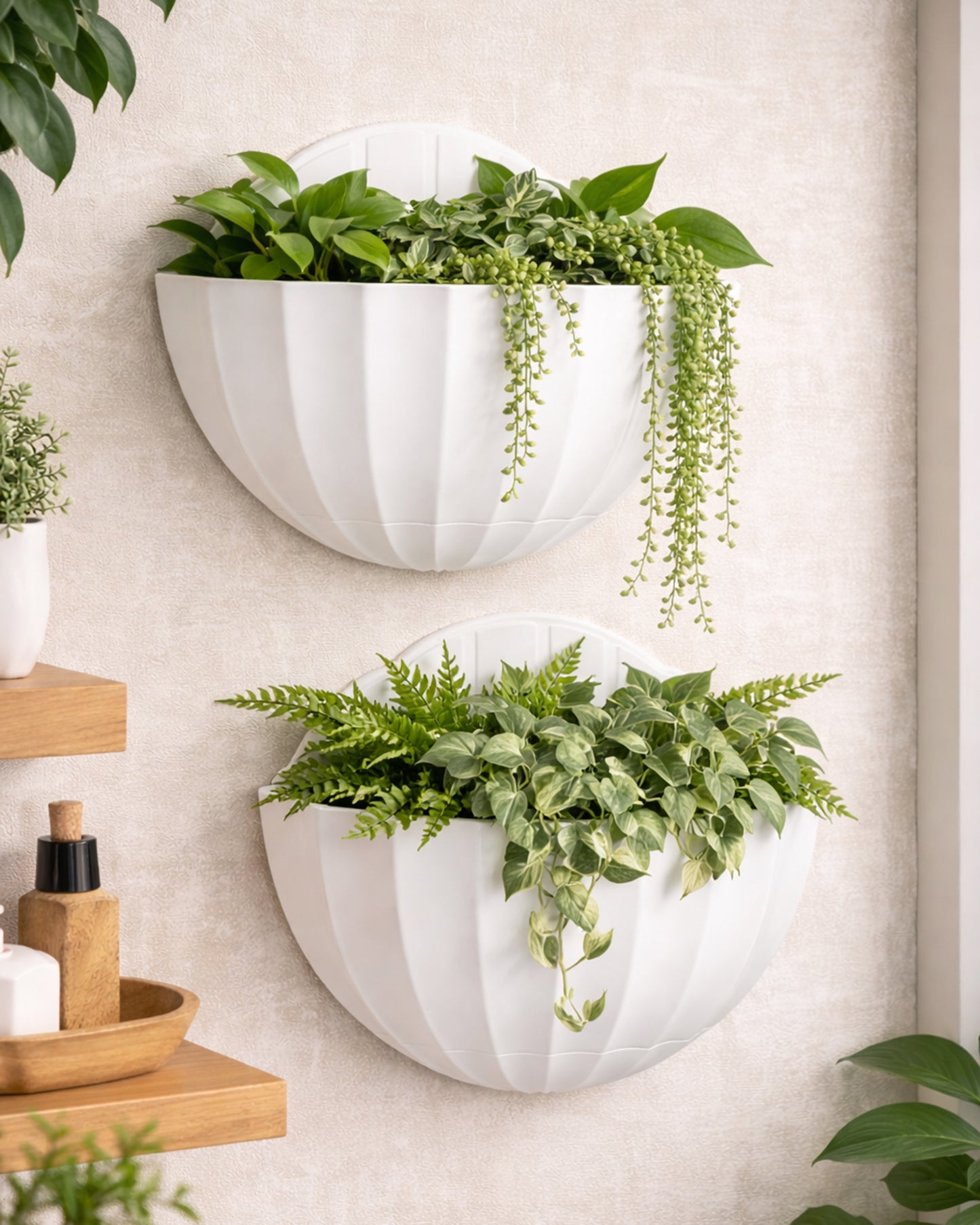 Homesake® White Self Watering Wall Planter Ribbed Half Moon, Rustproof PP, Dual Chamber Design
