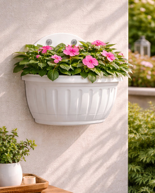 Homesake® White Self Watering Wall Planter Ribbed Wall Square, Rustproof PP, Dual Chamber Design