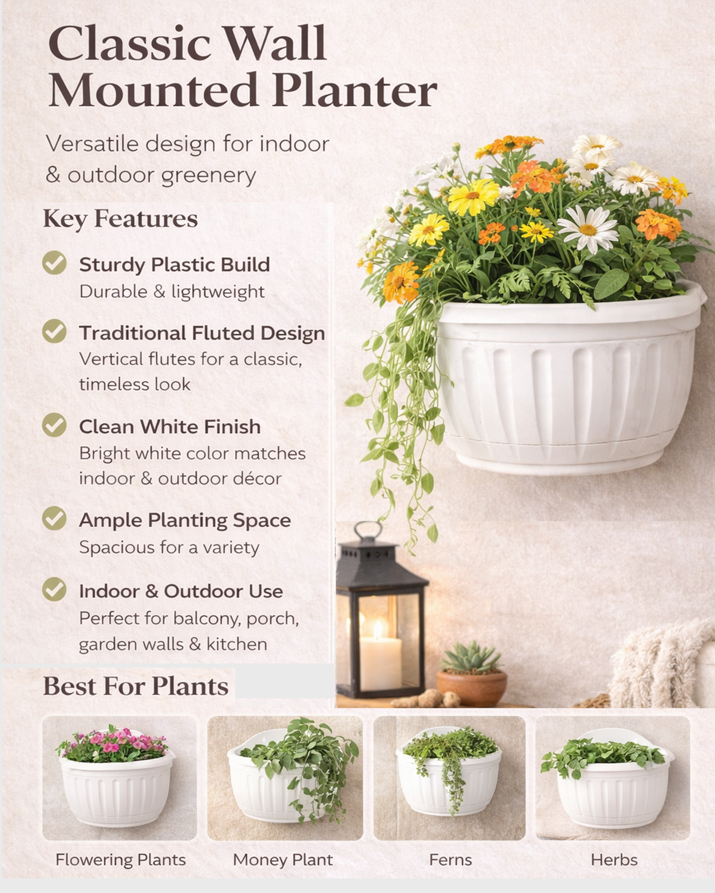 Homesake® White Self Watering Wall Planter Ribbed Wall Square, Rustproof PP, Dual Chamber Design