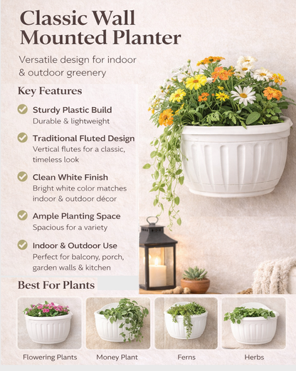 Homesake® White Self Watering Wall Planter Ribbed Wall Square, Rustproof PP, Dual Chamber Design