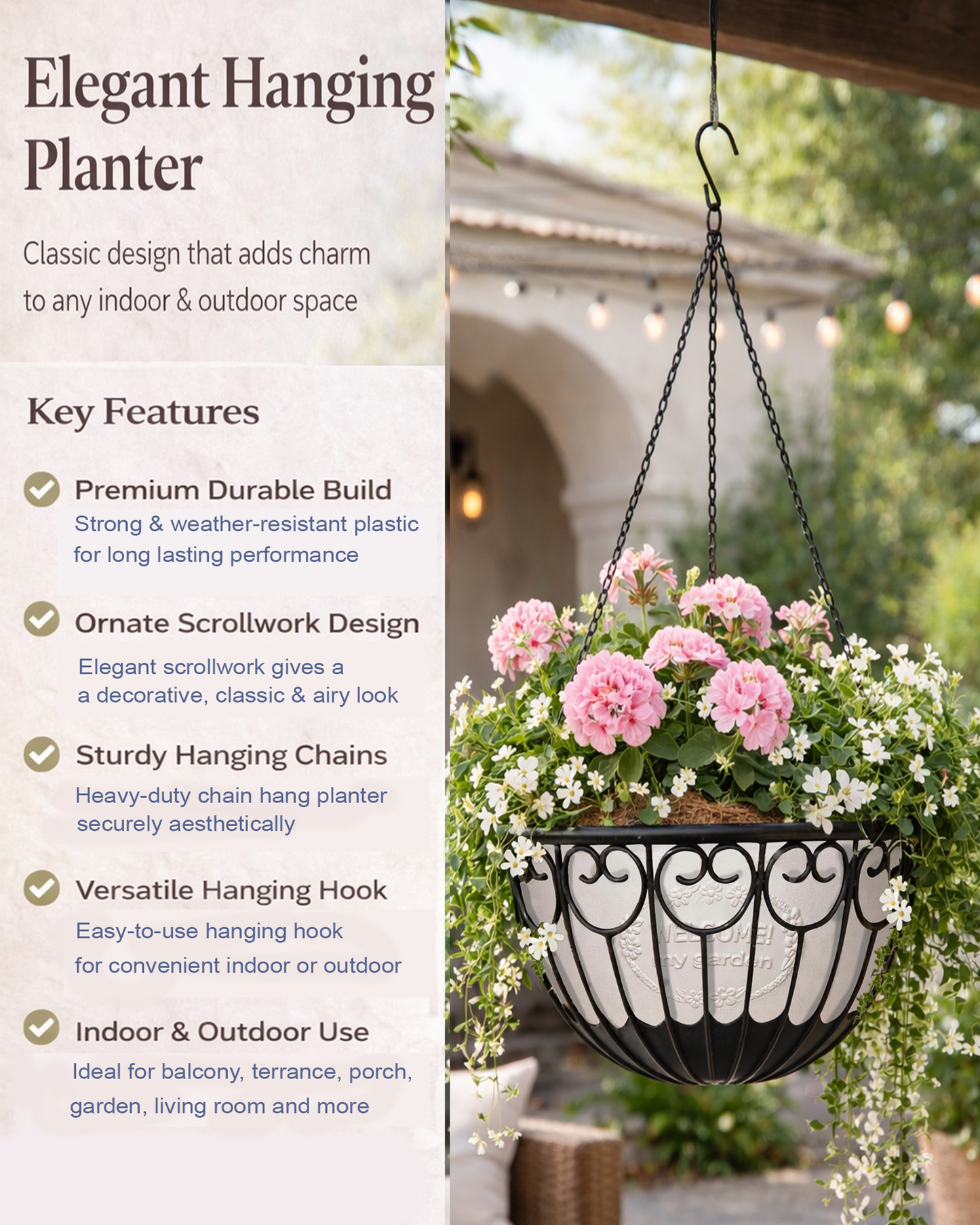 Homesake® French Float Hanging Planter with Inner Basket | Modern Plastic Hanging Pot for Indoor, Balcony & Outdoor Plants | Lightweight, Durable, Easy Drain Design