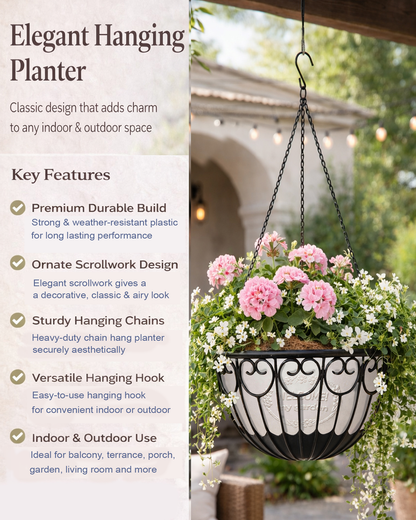 Homesake® French Float Hanging Planter with Inner Basket | Modern Plastic Hanging Pot for Indoor, Balcony & Outdoor Plants | Lightweight, Durable, Easy Drain Design