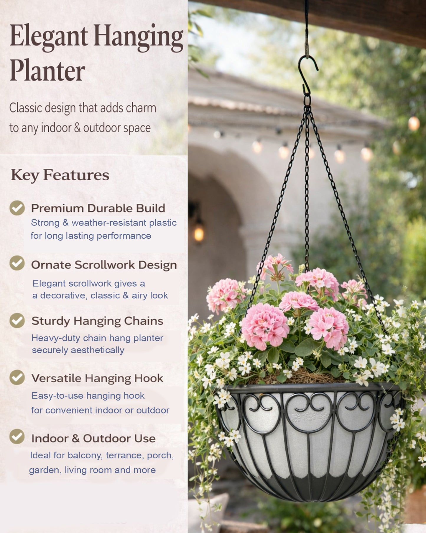 Homesake® French Float Hanging Planter with Inner Basket | Modern Plastic Hanging Pot for Indoor, Balcony & Outdoor Plants | Lightweight, Durable, Easy Drain Design