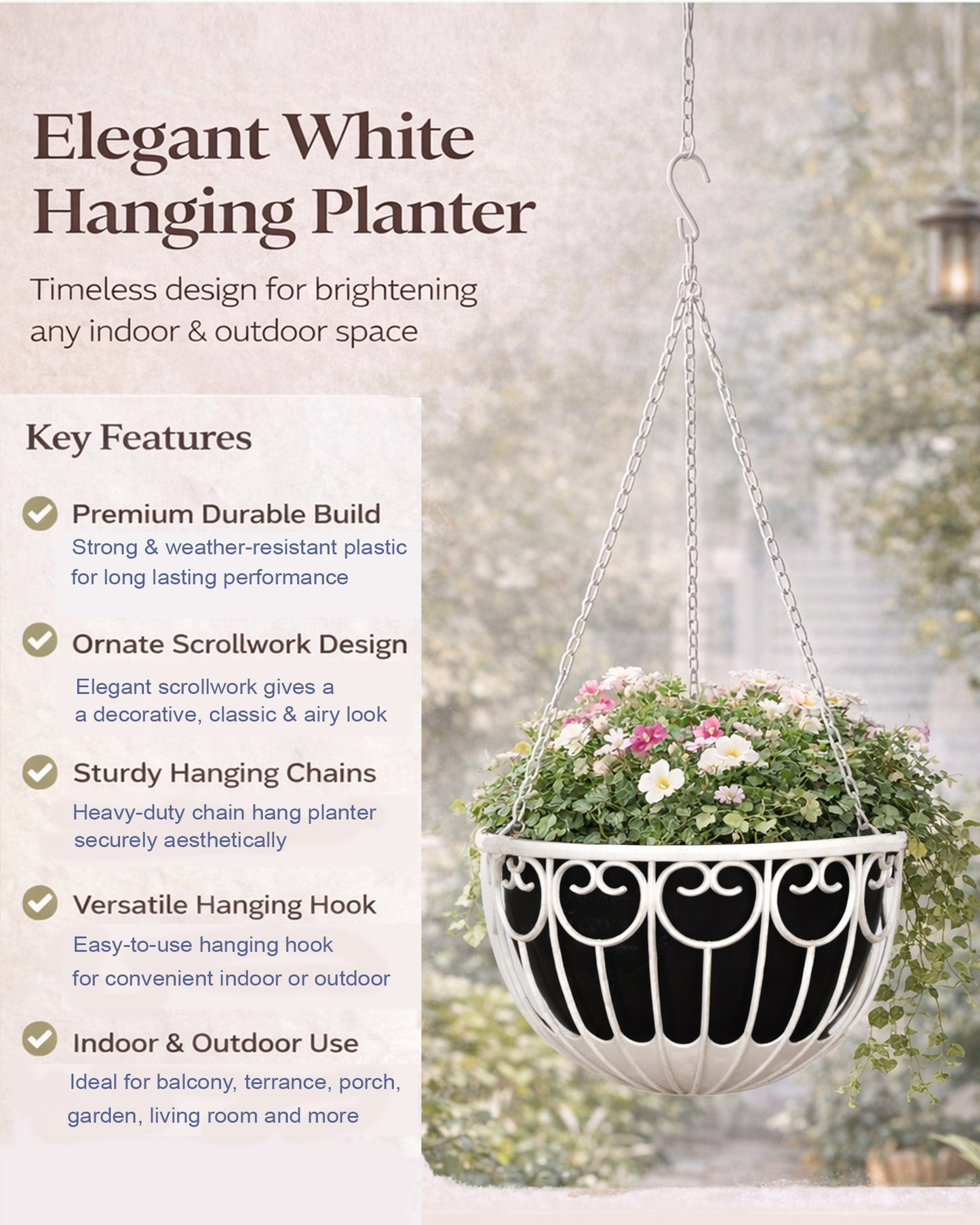 Homesake® French Float Hanging Planter with Inner Basket | Modern Plastic Hanging Pot for Indoor, Balcony & Outdoor Plants | Lightweight, Durable, Easy Drain Design