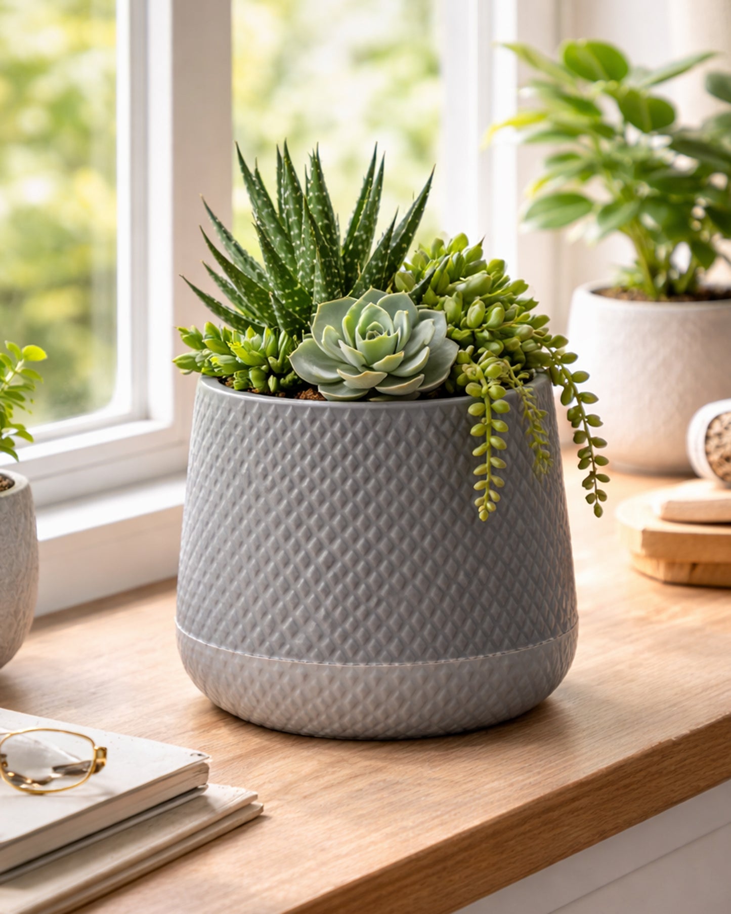 Homesake® Aqua Rib Self Watering Planter Pot for Indoor Plants, Ribbed Design Plastic Flower Pot with Dual Water Reservoir, Modern Decorative Planter for Living Room, Balcony & Office, White, Set of 1