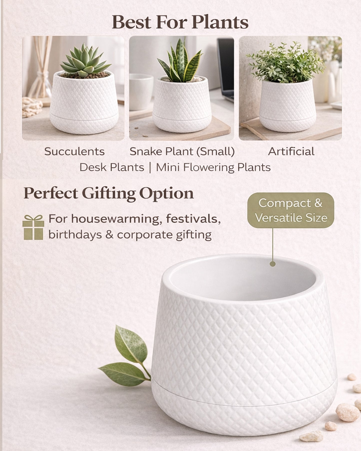 Homesake® Aqua Rib Self Watering Planter Pot for Indoor Plants, Ribbed Design Plastic Flower Pot with Dual Water Reservoir, Modern Decorative Planter for Living Room, Balcony & Office, White, Set of 1