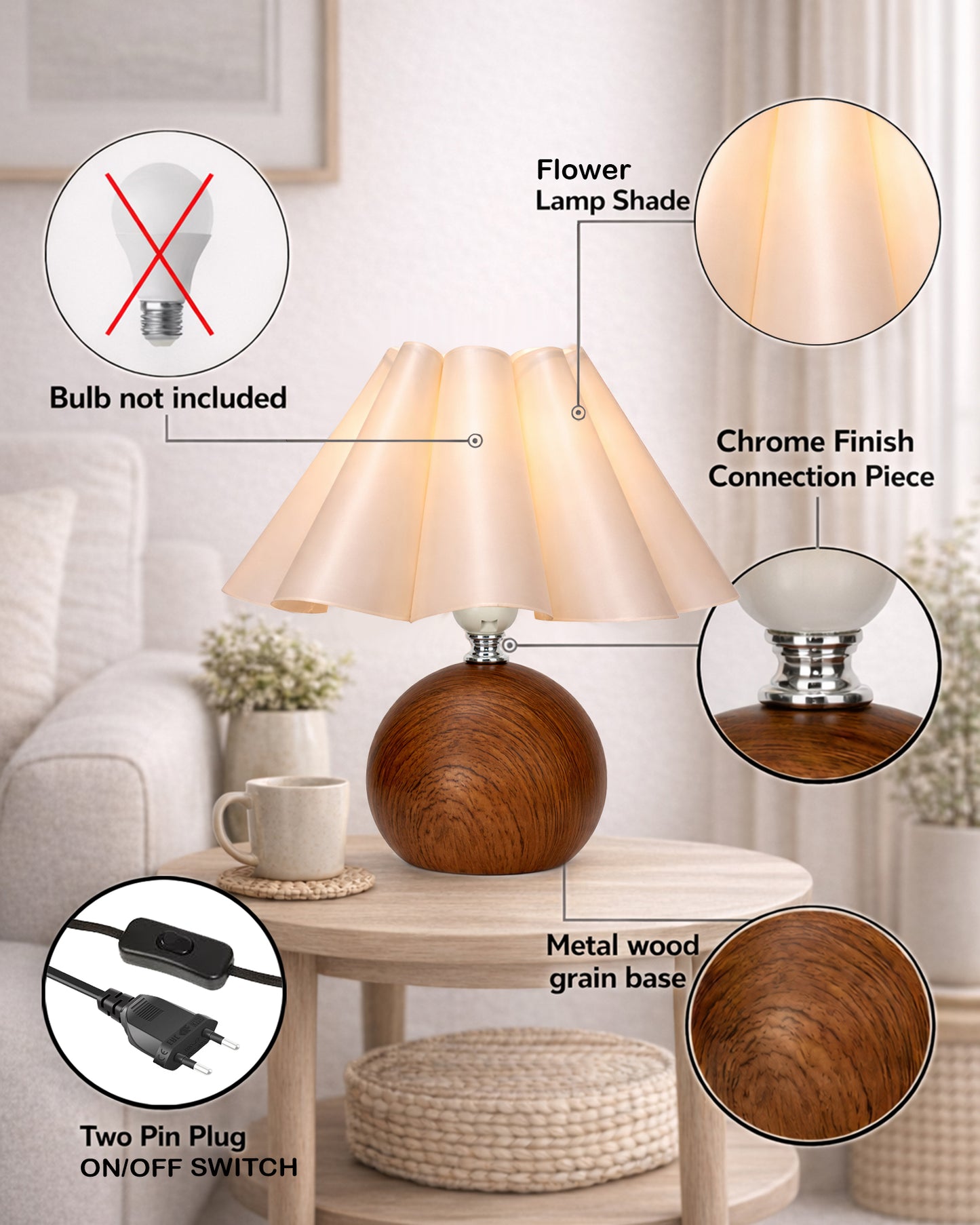 Homesake® Wood Grain Pattern Small Table Lamp,Desk Light, Table Lamp, Metal Bedroom Lamps for Nightstand, Small Scalloped Lamp Shade Table Lamps for Small Spaces for Bedroom,Living Room, Round