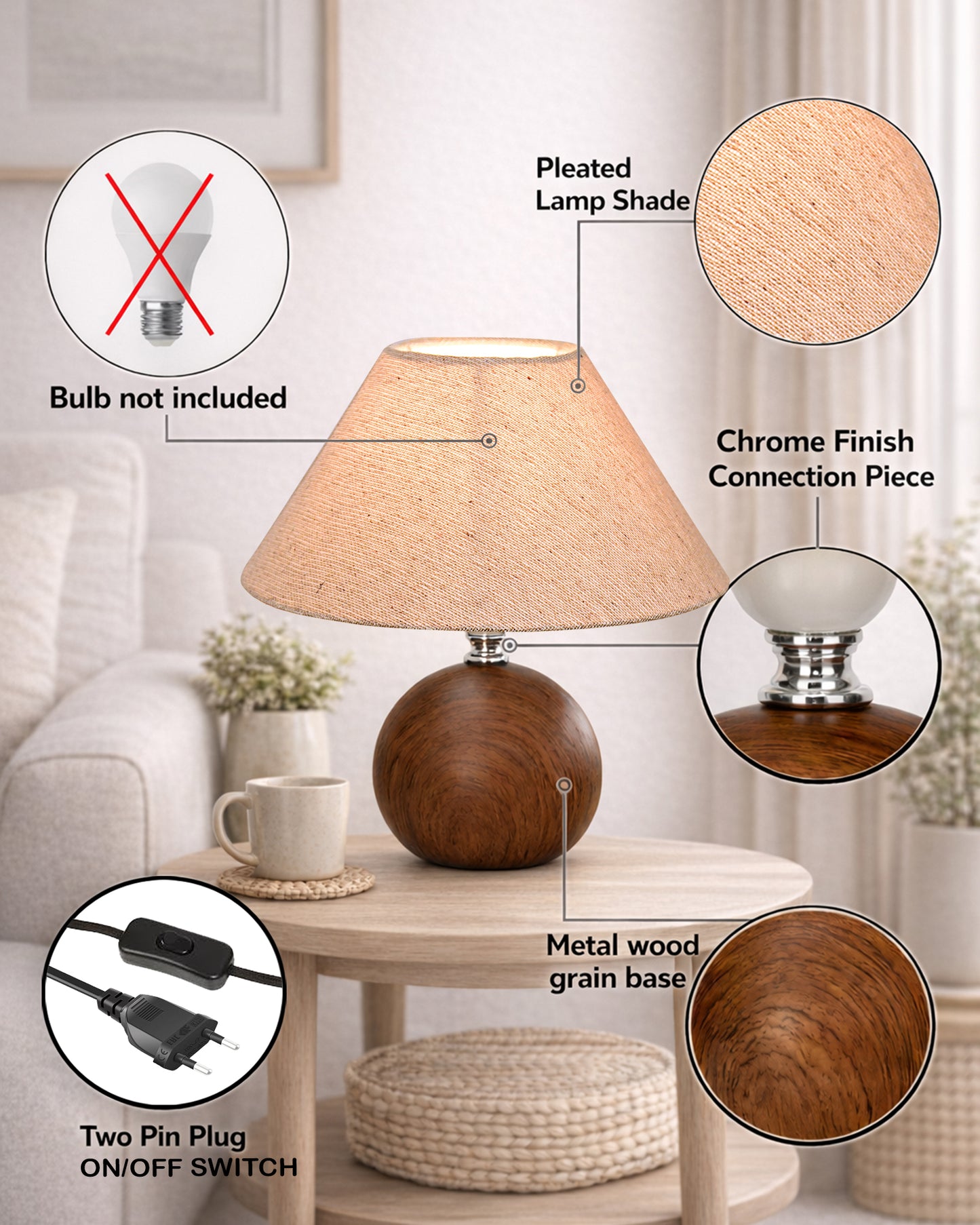 Homesake® Wood Grain Pattern Small Table Lamp,Desk Light, Table Lamp, Metal Bedroom Lamps for Nightstand, Small Scalloped Lamp Shade Table Lamps for Small Spaces for Bedroom,Living Room, Round