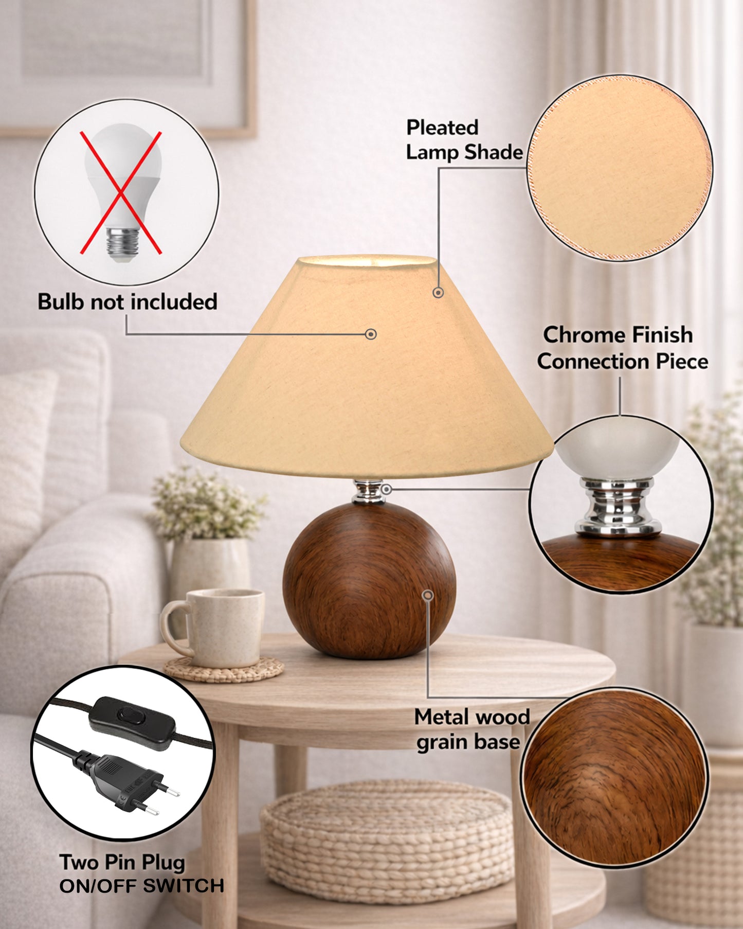 Homesake® Wood Grain Pattern Small Table Lamp,Desk Light, Table Lamp, Metal Bedroom Lamps for Nightstand, Small Scalloped Lamp Shade Table Lamps for Small Spaces for Bedroom,Living Room, Round