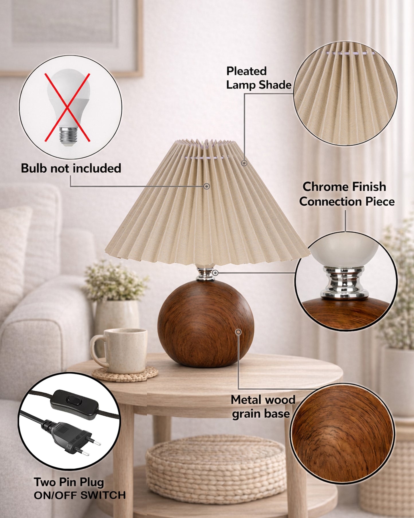 Homesake® Wood Grain Pattern Small Table Lamp,Desk Light, Table Lamp, Metal Bedroom Lamps for Nightstand, Small Scalloped Lamp Shade Table Lamps for Small Spaces for Bedroom,Living Room, Round