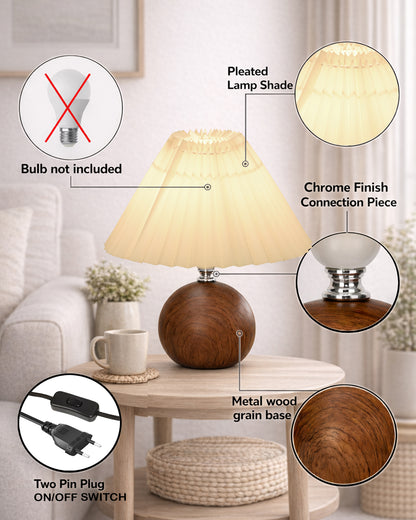 Homesake® Wood Grain Pattern Small Table Lamp,Desk Light, Table Lamp, Metal Bedroom Lamps for Nightstand, Small Scalloped Lamp Shade Table Lamps for Small Spaces for Bedroom,Living Room, Round