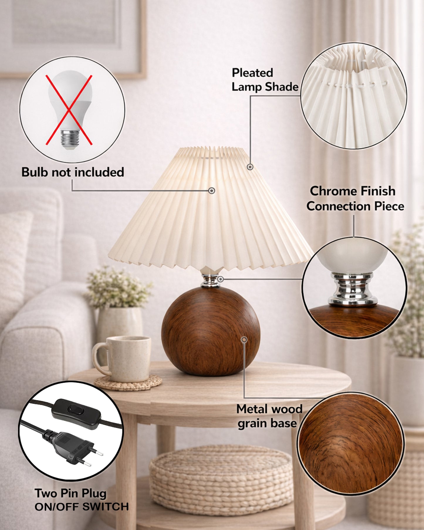 Homesake® Wood Grain Pattern Small Table Lamp,Desk Light, Table Lamp, Metal Bedroom Lamps for Nightstand, Small Scalloped Lamp Shade Table Lamps for Small Spaces for Bedroom,Living Room, Round