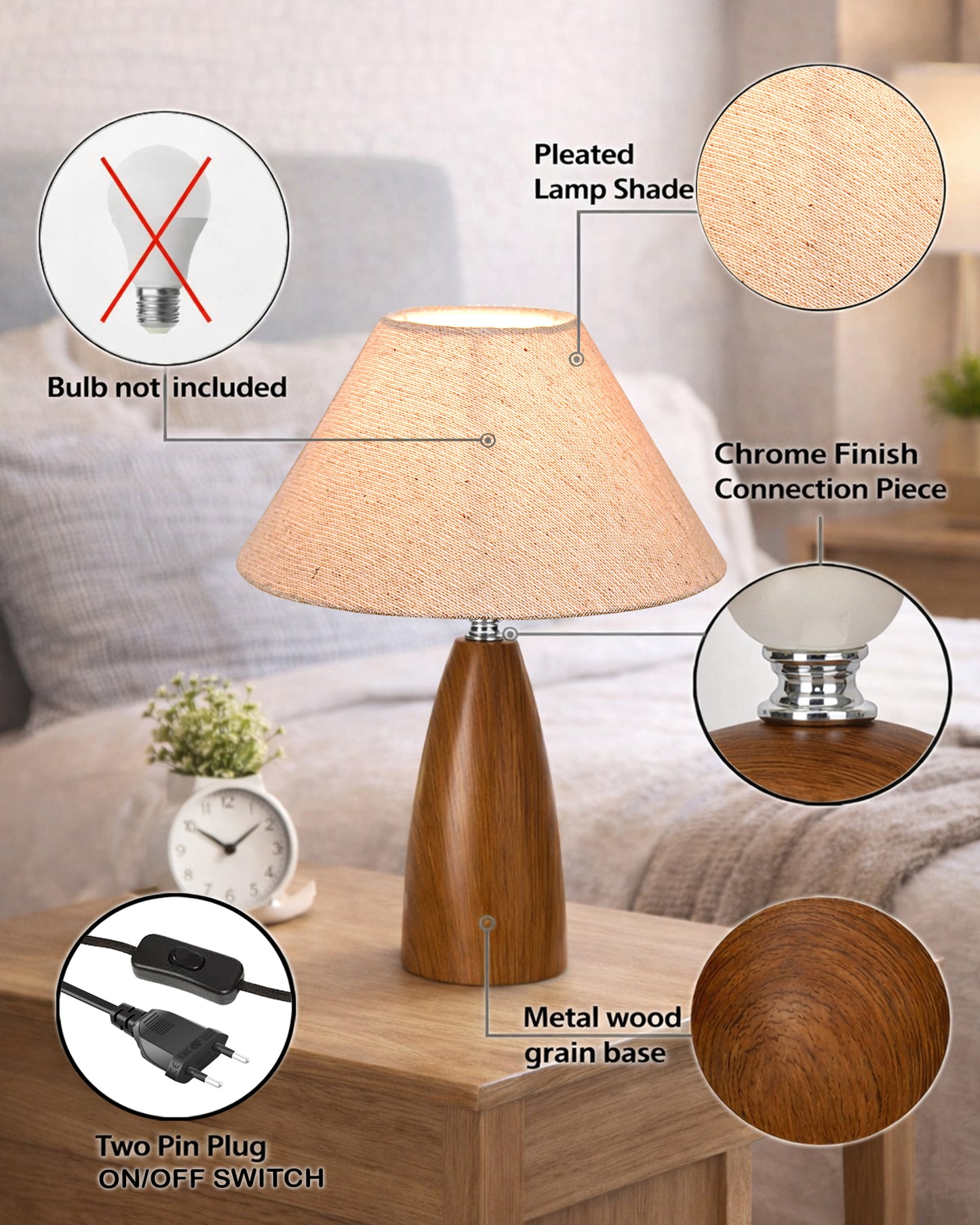Homesake® Wood Grain Pattern Small Table Lamp, Desk Light, Metal Table Lamp, Metal Bedroom Lamps for Nightstand, Small Scalloped Lamp Shade Table Lamps for Small Spaces for Bedroom,Living Room, Taper Cone