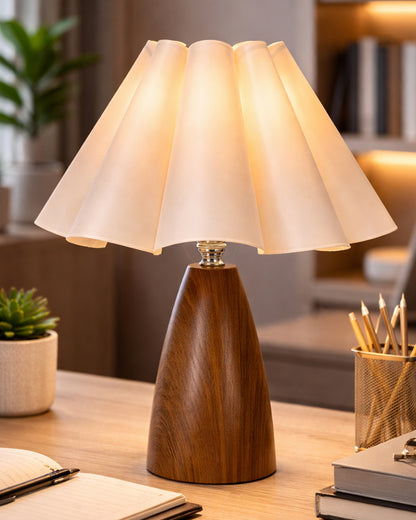 Homesake® Wood Grain Pattern Small Table Lamp, Desk Light, Metal Table Lamp, Metal Bedroom Lamps for Nightstand, Small Scalloped Lamp Shade Table Lamps for Small Spaces for Bedroom,Living Room, Taper Cone