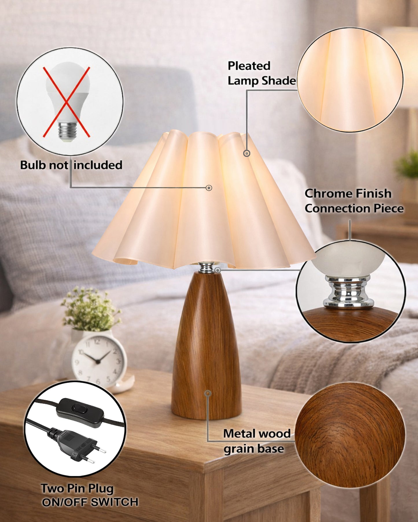 Homesake® Wood Grain Pattern Small Table Lamp, Desk Light, Metal Table Lamp, Metal Bedroom Lamps for Nightstand, Small Scalloped Lamp Shade Table Lamps for Small Spaces for Bedroom,Living Room, Taper Cone