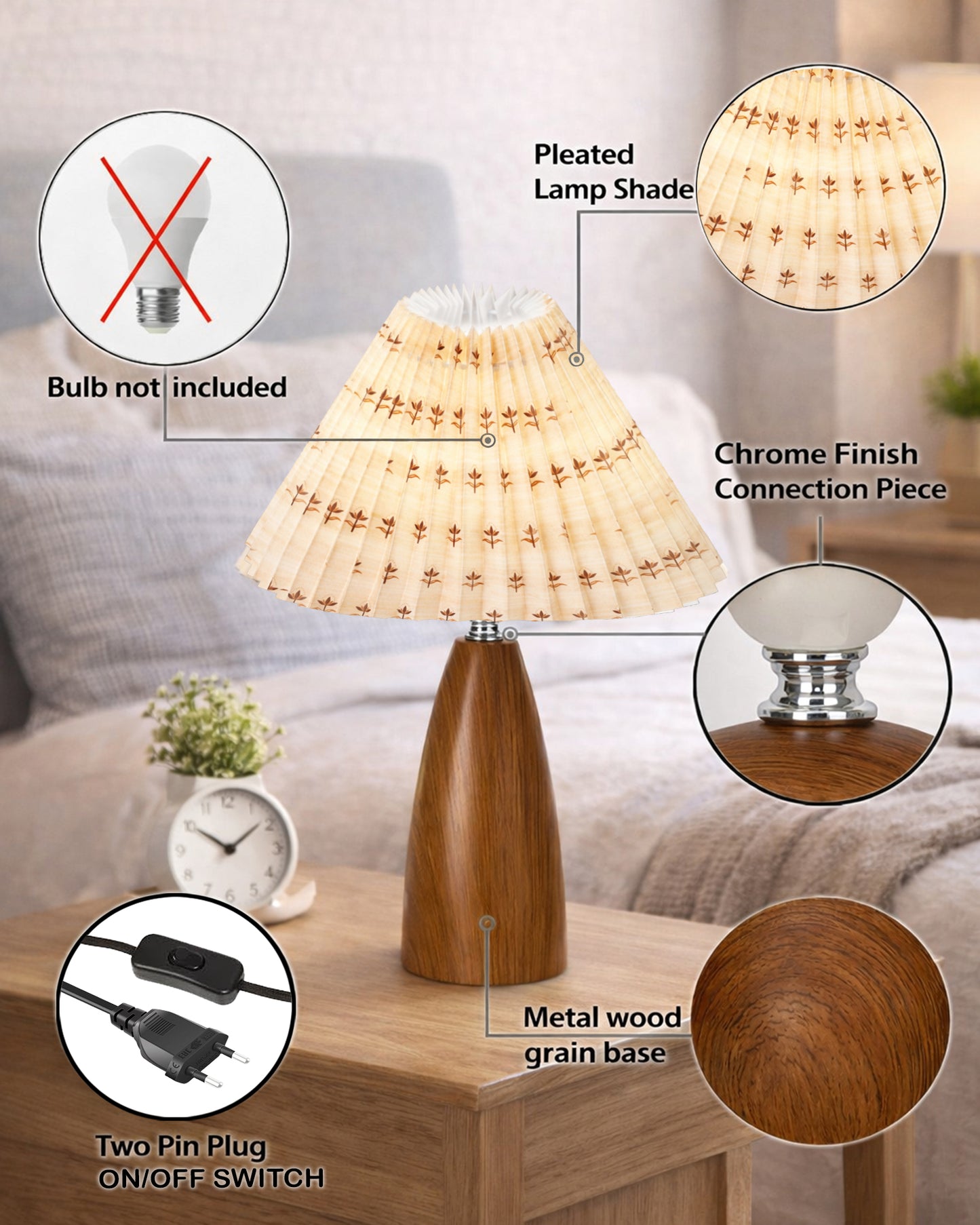 Homesake® Wood Grain Pattern Small Table Lamp, Desk Light, Metal Table Lamp, Metal Bedroom Lamps for Nightstand, Small Scalloped Lamp Shade Table Lamps for Small Spaces for Bedroom,Living Room, Taper Cone