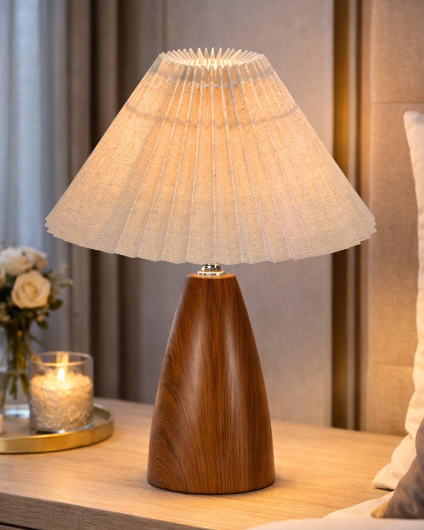 Homesake® Wood Grain Pattern Small Table Lamp, Desk Light, Metal Table Lamp, Metal Bedroom Lamps for Nightstand, Small Scalloped Lamp Shade Table Lamps for Small Spaces for Bedroom,Living Room, Taper Cone