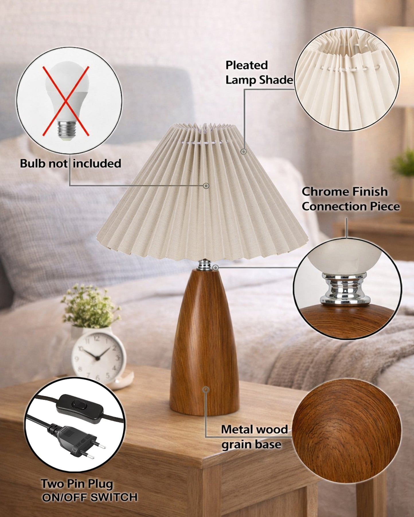 Homesake® Wood Grain Pattern Small Table Lamp, Desk Light, Metal Table Lamp, Metal Bedroom Lamps for Nightstand, Small Scalloped Lamp Shade Table Lamps for Small Spaces for Bedroom,Living Room, Taper Cone