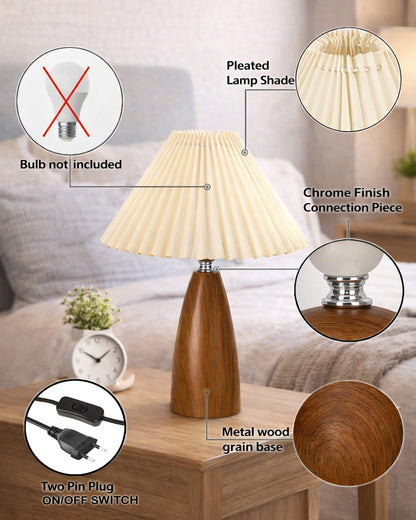 Homesake® Wood Grain Pattern Small Table Lamp, Desk Light, Metal Table Lamp, Metal Bedroom Lamps for Nightstand, Small Scalloped Lamp Shade Table Lamps for Small Spaces for Bedroom,Living Room, Taper Cone