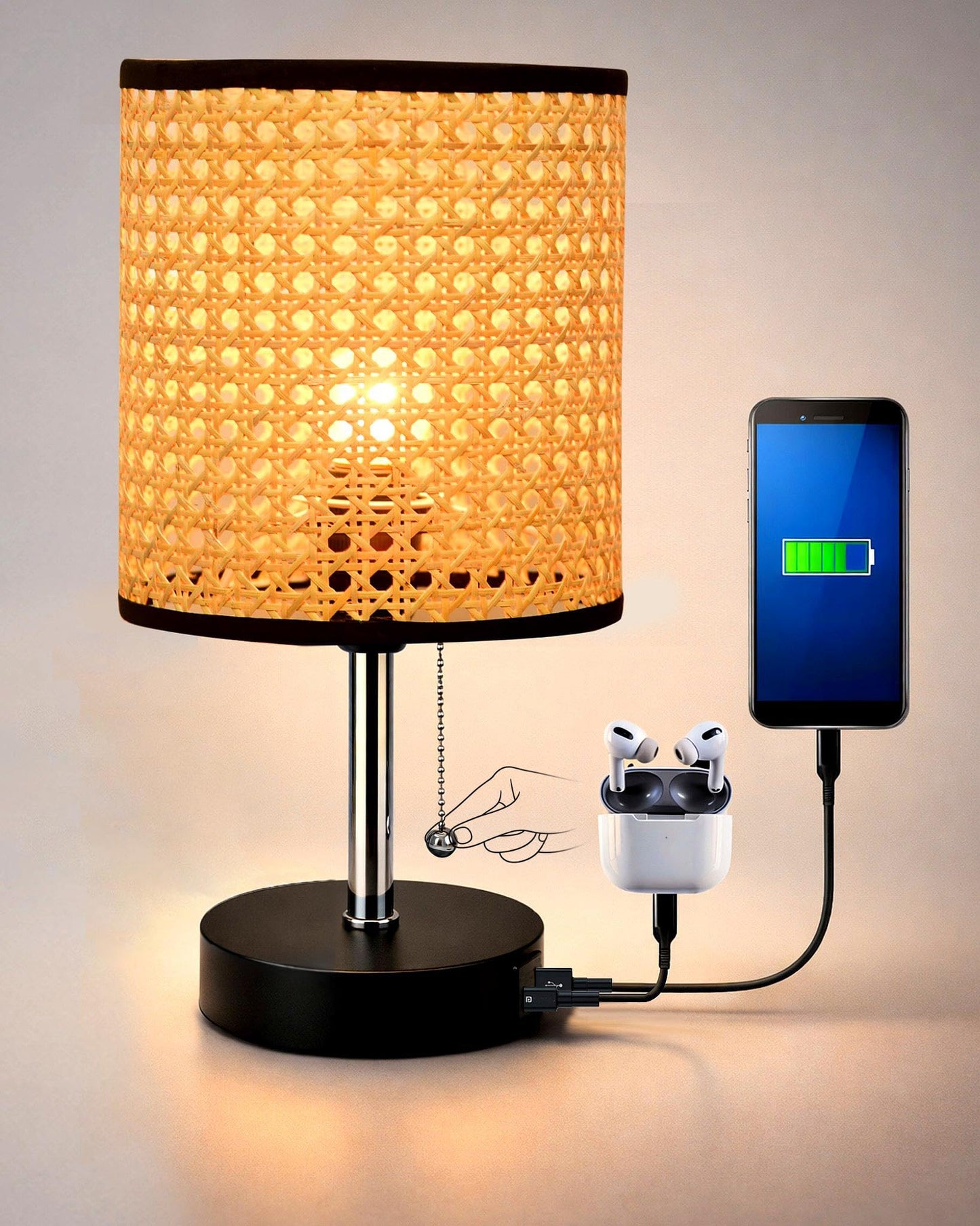 Homesake® Bedside Lamp for Bedroom Nightstand Table Light with USB A | C Charging Port, 3 Color Temperatures Pull Chain Light, Side Study Desk lamp, Reading lamp, Living Room Gift