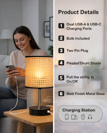 Homesake® Bedside Lamp for Bedroom Nightstand Table Light with USB A | C Charging Port, 3 Color Temperatures Pull Chain Light, Side Study Desk lamp, Reading lamp, Living Room Gift