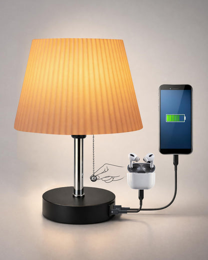 Homesake® Bedside Lamp for Bedroom Nightstand Table Light with USB A | C Charging Port, 3 Color Temperatures Pull Chain Light, Side Study Desk lamp, Reading lamp, Living Room Gift