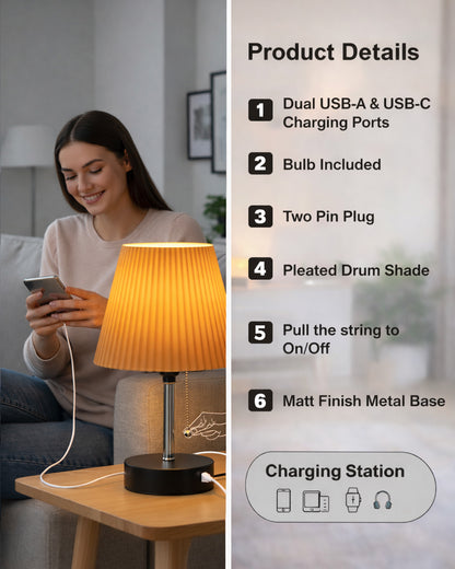Homesake® Bedside Lamp for Bedroom Nightstand Table Light with USB A | C Charging Port, 3 Color Temperatures Pull Chain Light, Side Study Desk lamp, Reading lamp, Living Room Gift