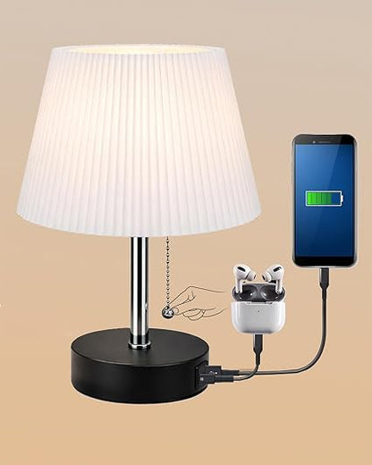 Homesake® Bedside Lamp for Bedroom Nightstand Table Light with USB A | C Charging Port, 3 Color Temperatures Pull Chain Light, Side Study Desk lamp, Reading lamp, Living Room Gift