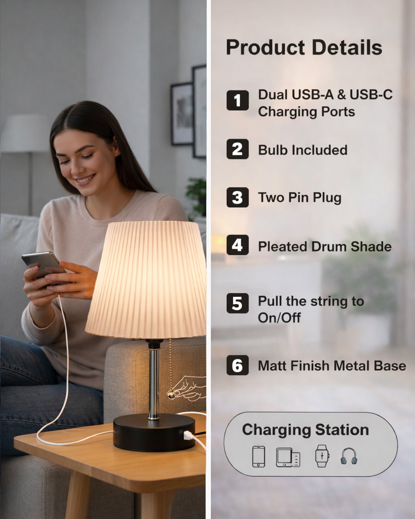 Homesake® Bedside Lamp for Bedroom Nightstand Table Light with USB A | C Charging Port, 3 Color Temperatures Pull Chain Light, Side Study Desk lamp, Reading lamp, Living Room Gift