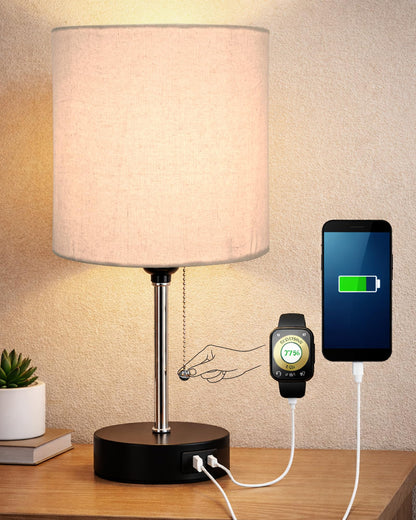 Homesake® Bedside Lamp for Bedroom Nightstand Table Light with USB A | C Charging Port, 3 Color Temperatures Pull Chain Light, Side Study Desk lamp, Reading lamp, Living Room Gift