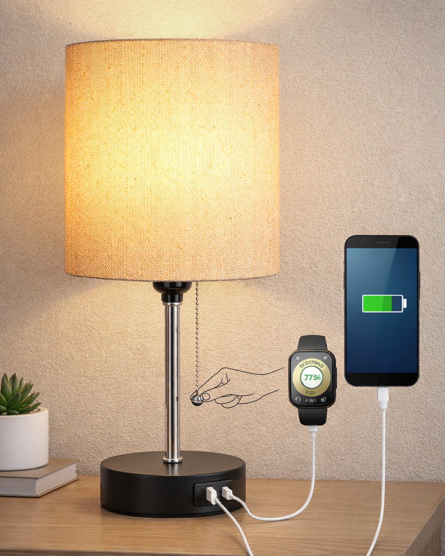 Homesake® Bedside Lamp for Bedroom Nightstand Table Light with USB A | C Charging Port, 3 Color Temperatures Pull Chain Light, Side Study Desk lamp, Reading lamp, Living Room Gift